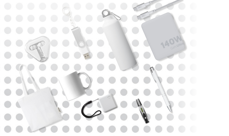 A collection of white promotional products against a spotted background