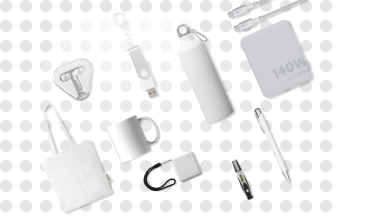 A collection of white promotional products against a spotted background