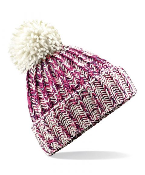 Twist-knit pom pom beanie