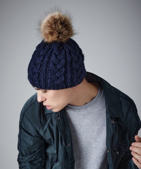 Fur pop pom cable beanie