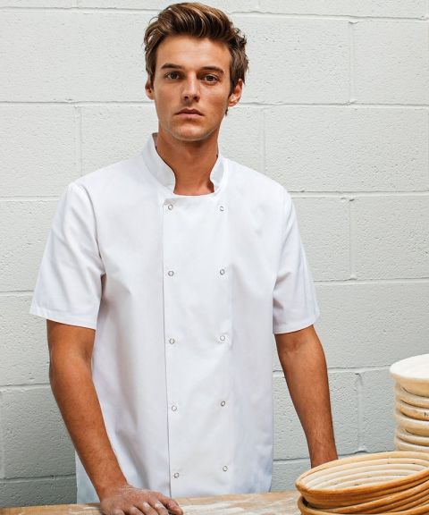 Studded front short sleeve chef's jacket