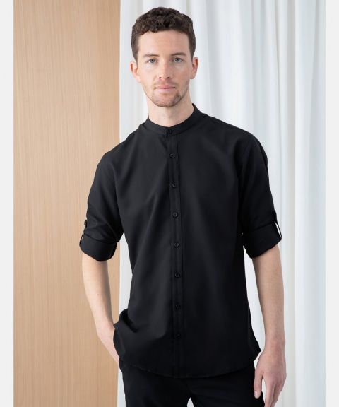 Mandarin shirt with roll-tab sleeve