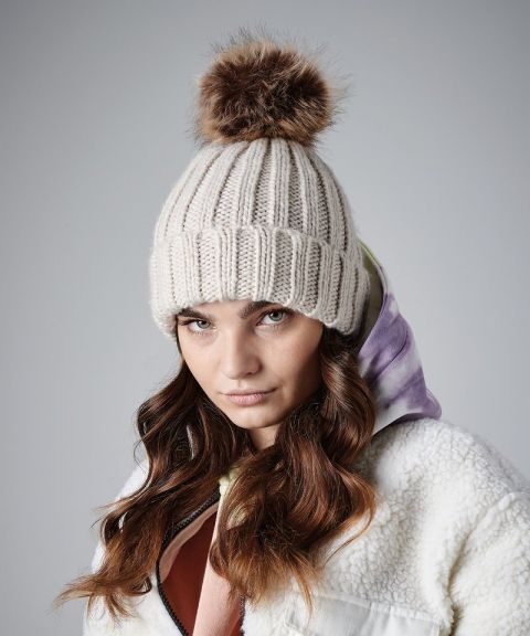 Fur pop pom chunky beanie