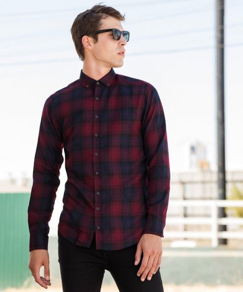 Brushed check casual shirt with button-down collar