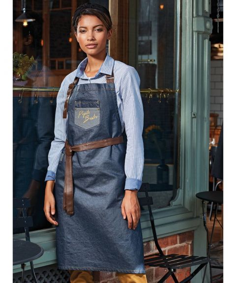 Division waxed-look denim bib apron with faux leather